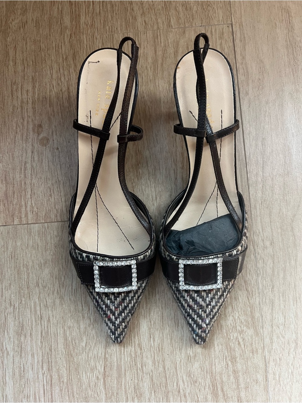 kate spade Black Tweed Pointed Toe Slingback Heels with Crystal Buckles